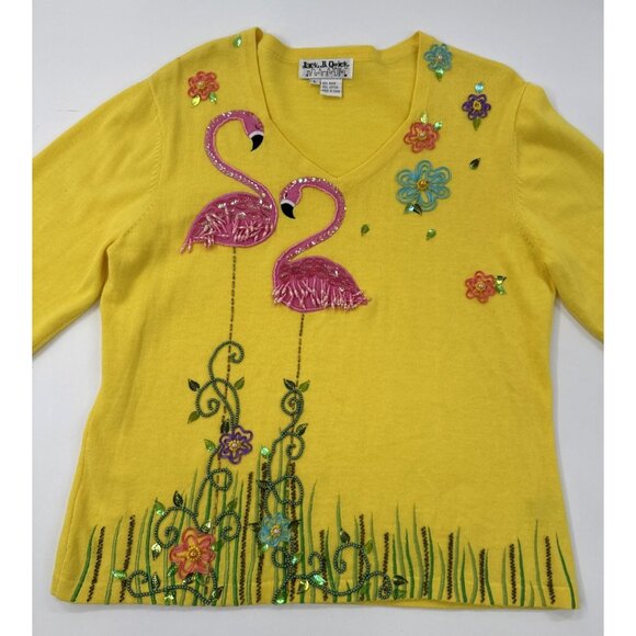 Jack B. Quick Sweater Womens Large Yellow Flamingo Florida Sequins Vacation 90s - Picture 12 of 12